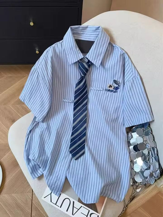 Jmprs Retro Tie Striped Shirts Women Loose Preppy Style Letter Blouse Vintage Casual Short Sleeve Japan Cute Embroidery Tops New