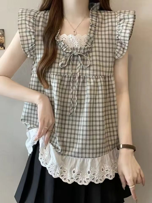Zoki Lace Patchwork Plaid Shirt Women Casual Loose Flying Sleeve Vintage Blouse Preppy Style Sweet Korean Lady Retro Summer Tops