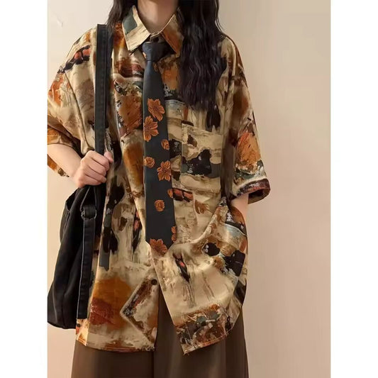 Tie-dyed shirt summer new American retro brand coffee color college style small loose short-sleeved shirt blouse woman