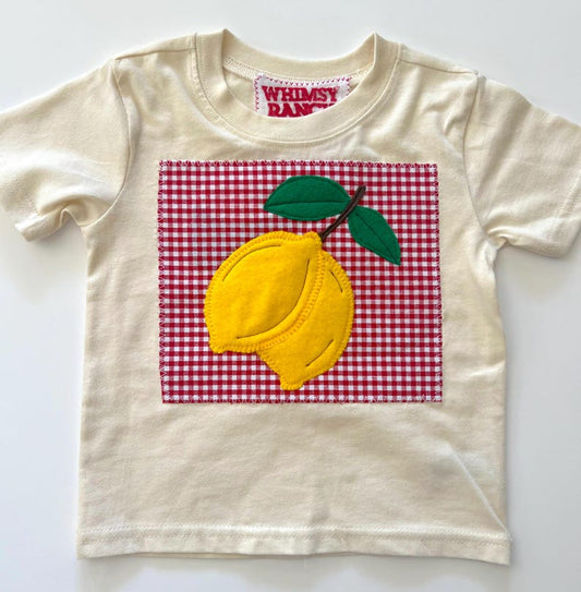 Lemon Shirt-Natural Cotton-Picnic Tee-Red Gingham-Fruit Top-Fun Unique Kidswear-Toddler&Baby Summer Tee-Hand Appliqued w/Soft Washable Felts